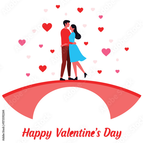Romantic illustration of a couple standing on a bridge surrounded by hearts, expressing love.
