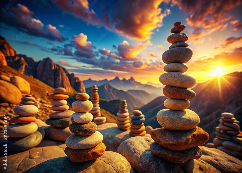 Obraz premium Surreal Stack of Levitating Stones: Mystical Rock Formation in Dreamlike Landscape