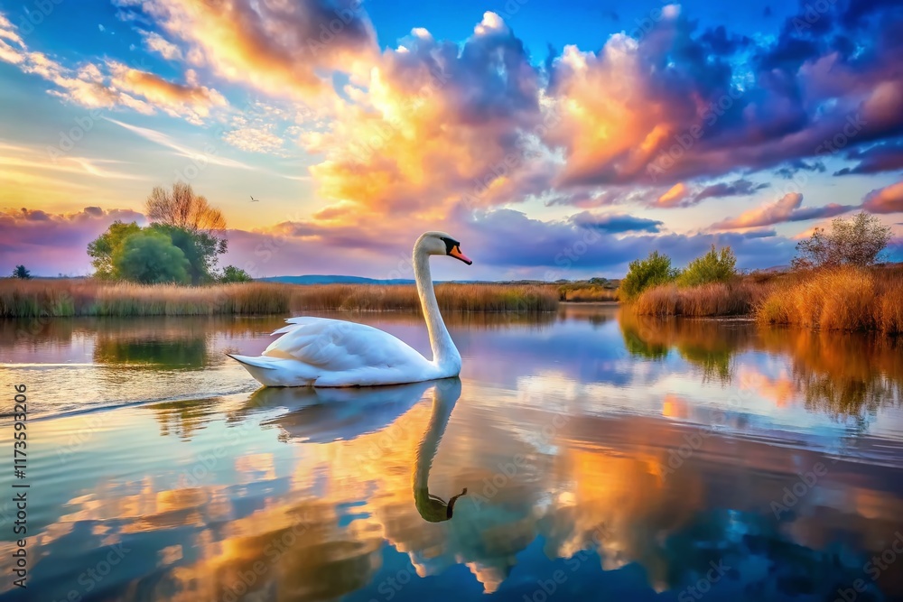 Fototapeta premium Surreal Swan in Isola Della Cona Wetland, Friuli-Venezia Giulia, Italy - Dreamlike Nature Photography