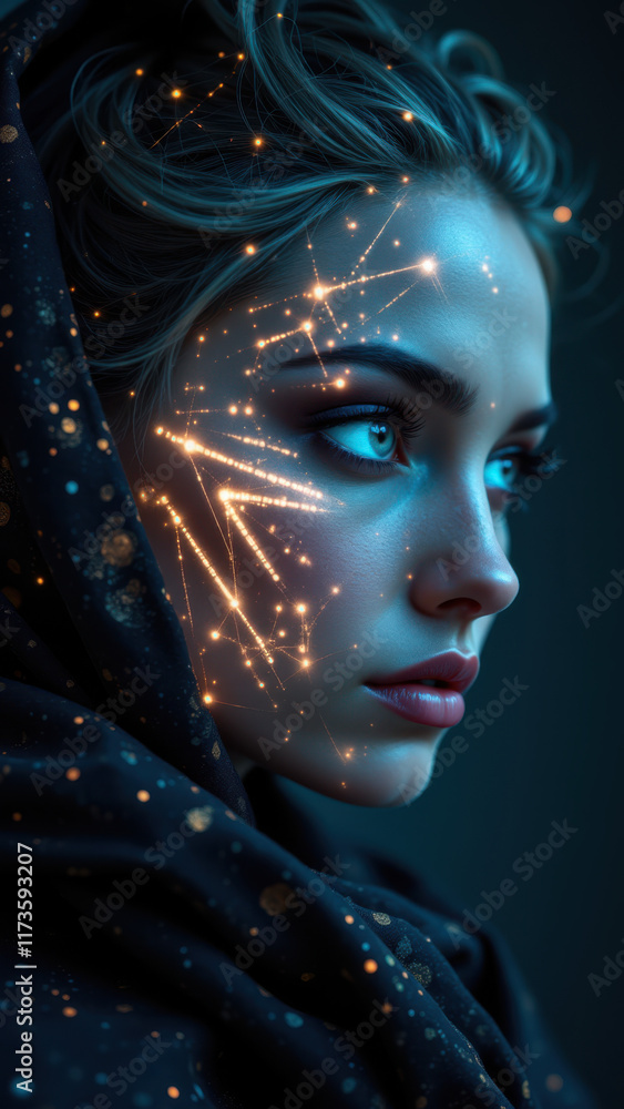 A woman's face with undetectable AI elements on her skin. A woman's face with undetectable AI elements on her skin.