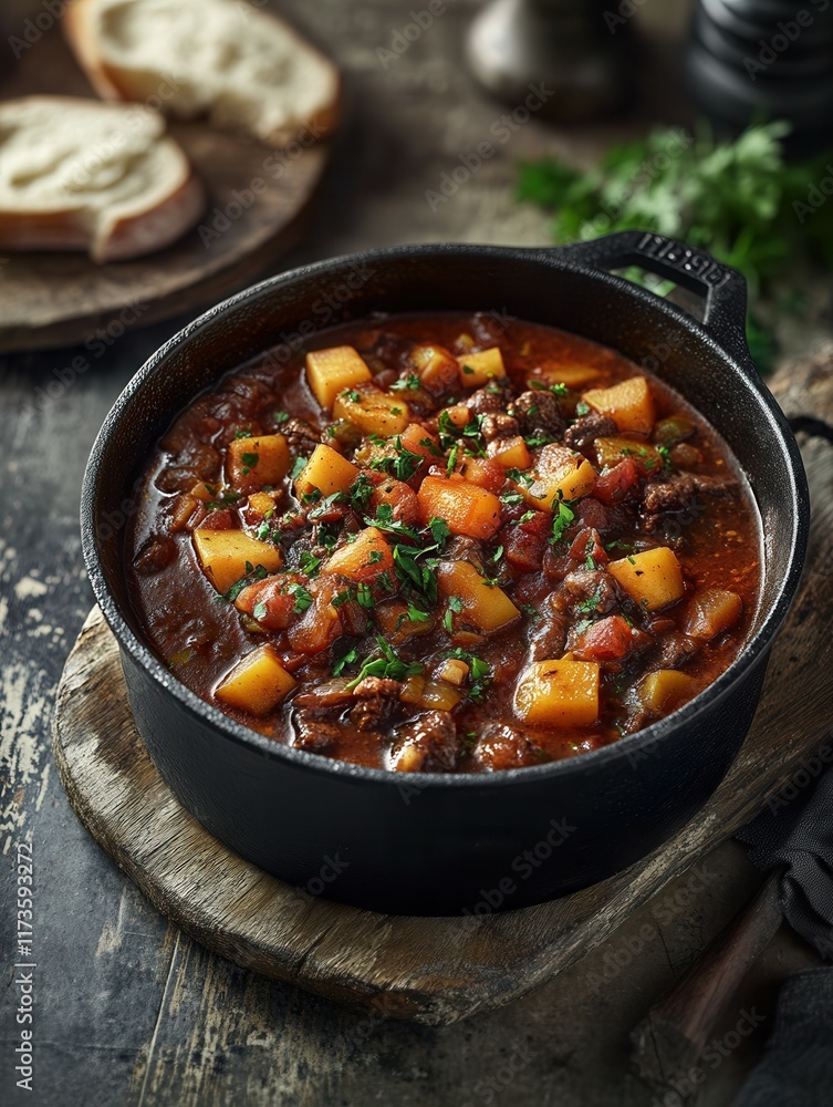 Hearty beef stew in cast iron pot with vegetables and herbs on rustic table setting. Hearty beef stew in cast iron pot with vegetables and herbs on rustic table setting.