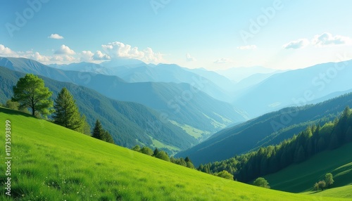 Wallpaper Mural Stock photo shows a tranquil mountain landscape with rolling hills fresh green trees and clear blue skies creating a peaceful and refreshing atmosphere. Torontodigital.ca