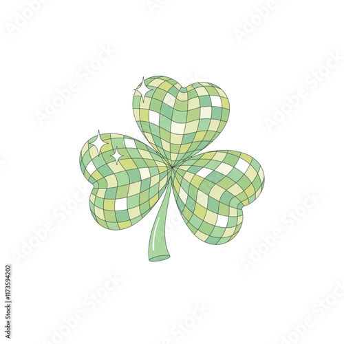 Groovy sparkling disco clover. Mirror disco ball in the shape of shamrock. Retro party 70s 80s in honor of St. Patrick's Day.