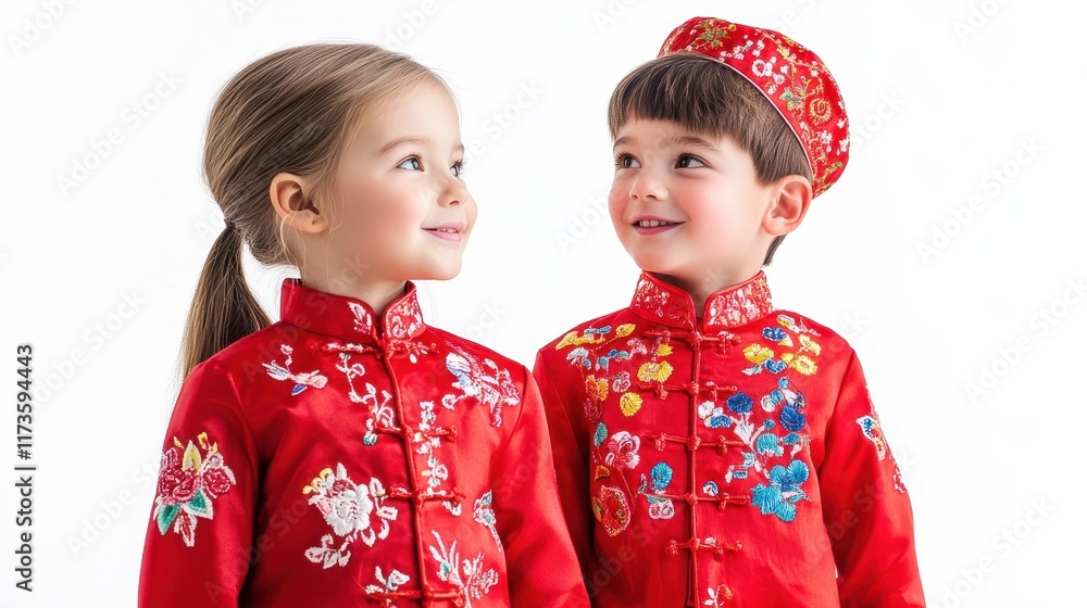 Children in Vibrant Red Chinese New Year Outfits Children in Vibrant Red Chinese New Year Outfits