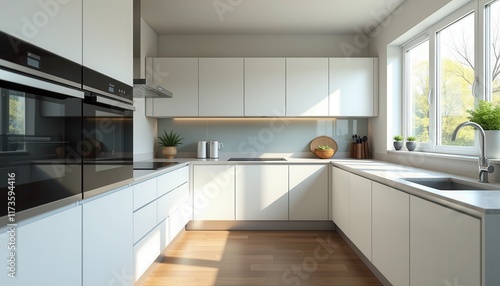 Wallpaper Mural Stock photo showcases a modern kitchen with white cabinetry stainless steel appliances and a sleek design offering a fresh and functional space. Torontodigital.ca