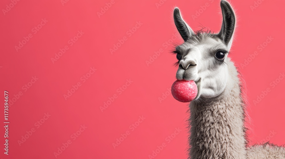 Obraz premium Funny llama blowing gum isolated on hot pink background with copy space