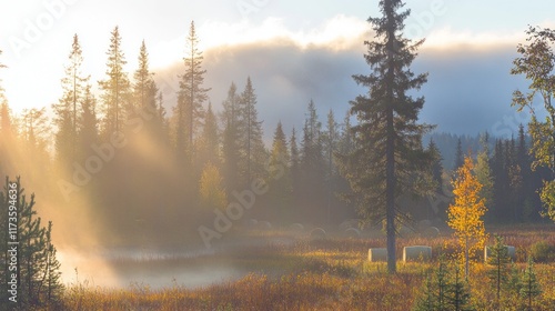 Misty sunrise in a pine forest with golden lightbeams piercing through the fog. photo