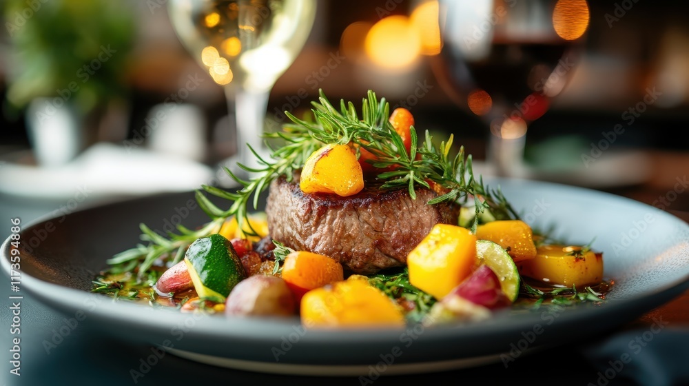 A succulent gourmet steak is elegantly plated with vibrant vegetables and fresh herbs, captured in a warmly lit setting, perfect for a culinary magazine feature.