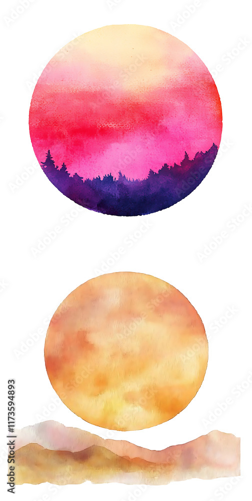 Stunning watercolor sunset and moon art nature scene digital illustration serene environment artistic viewpoint Stunning watercolor sunset and moon art nature scene digital illustration serene environment artistic viewpoint