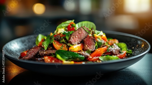 This image captures a vibrant steak salad with fresh, colorful vegetables and herbs arrayed in a bowl, highlighting the culinary art of a healthy delicious meal. photo