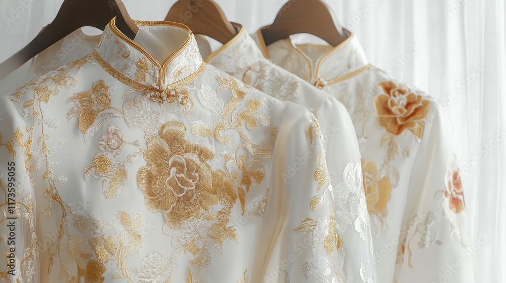 Elegant Cheongsams Displayed with Artistic Gold Patterns Elegant Cheongsams Displayed with Artistic Gold Patterns