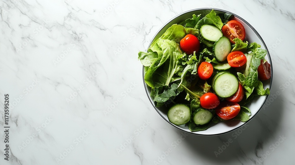 Fresh salad bowl with mixed greens, cucumbers, and cherry tomatoes on marble surface. Fresh salad bowl with mixed greens, cucumbers, and cherry tomatoes on marble surface.