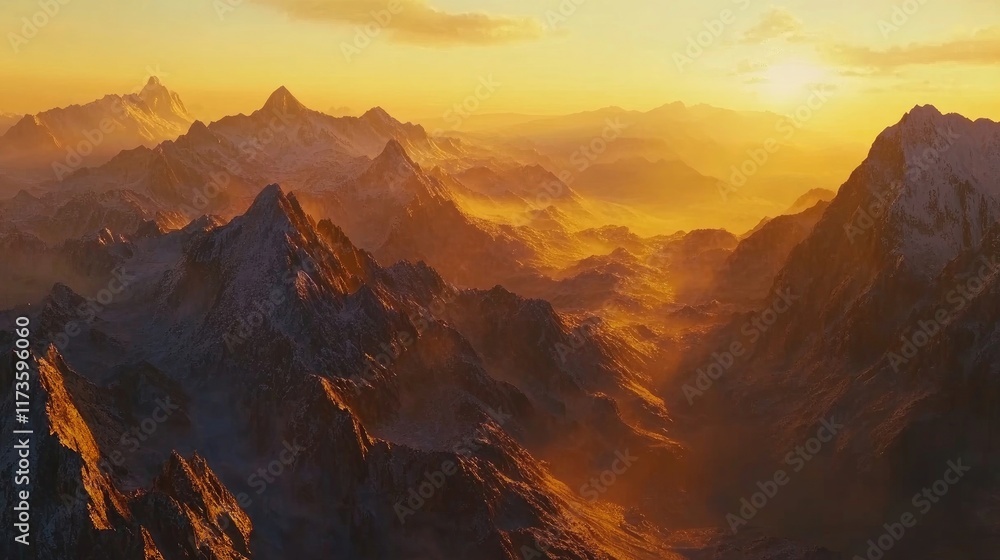 Obraz premium A breathtaking mountain landscape at sunrise, with golden light illuminating the peaks and valleys, inviting adventure. 8k, realistic, full ultra HD, high resolution, and cinematic photography