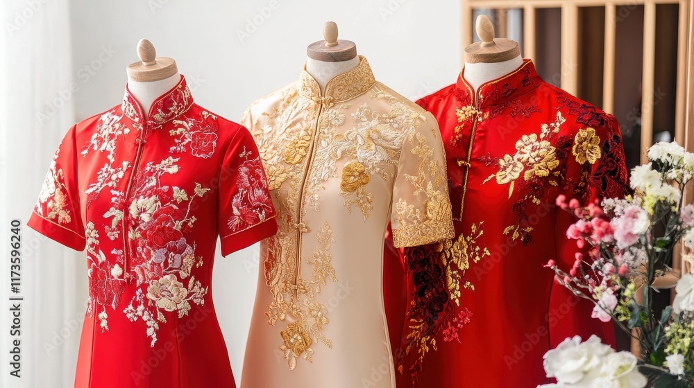 Naklejka premium Elegant Red and Gold Cheongsams with Floral Lace