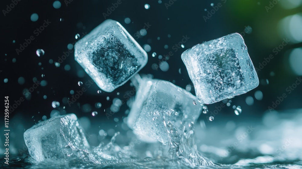 Four ice cubes in crystal clear detail are captured mid-air in a dynamic splash, surrounded by sparkling droplets, against a dark, blurred backdrop. Four ice cubes in crystal clear detail are captured mid-air in a dynamic splash, surrounded by sparkling droplets, against a dark, blurred backdrop.