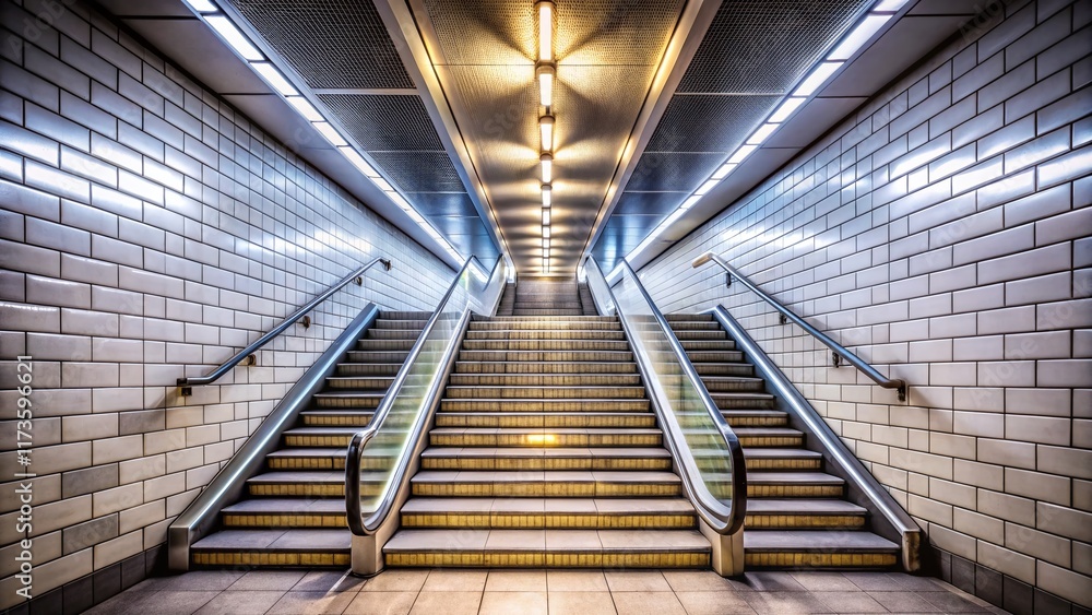 Fototapeta premium Symmetrical Underground Subway Staircase with Glowing Lights and White Tiles - Stock Photo