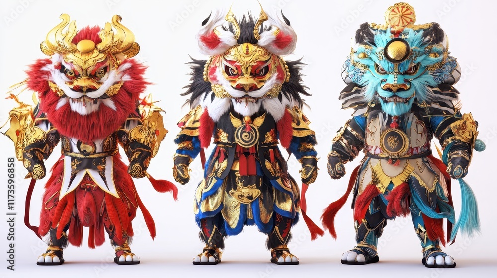 Fototapeta premium Vibrant Lion Dance Costumes with Dramatic Colors