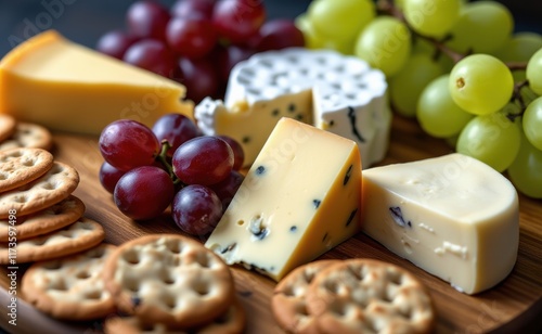 A selection of artisanal cheeses, including a creamy Camembert, a sharp cheddar, and a pungent blue cheese, displayed on a rustic wooden board. photo