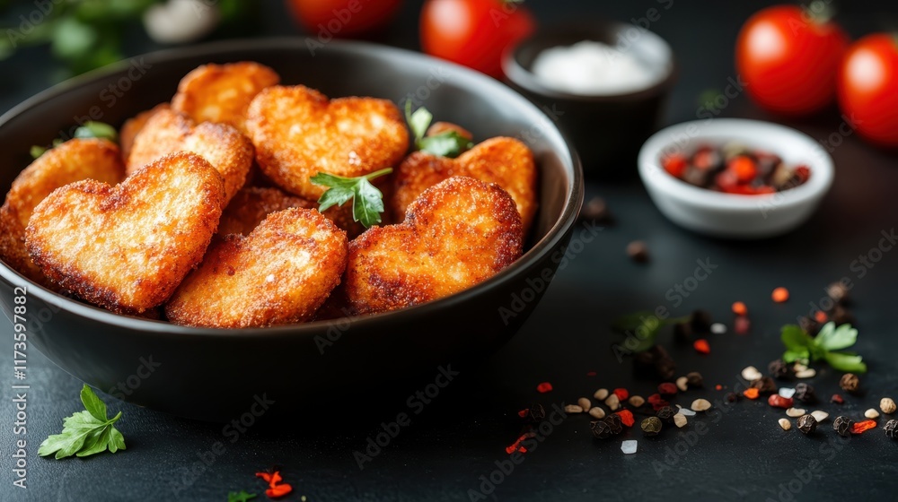 Fried, heart-shaped snacks in a black bowl with a sprinkle of green herbs, alongside assorted spices, making for an aesthetically pleasing culinary composition. Fried, heart-shaped snacks in a black bowl with a sprinkle of green herbs, alongside assorted spices, making for an aesthetically pleasing culinary composition.