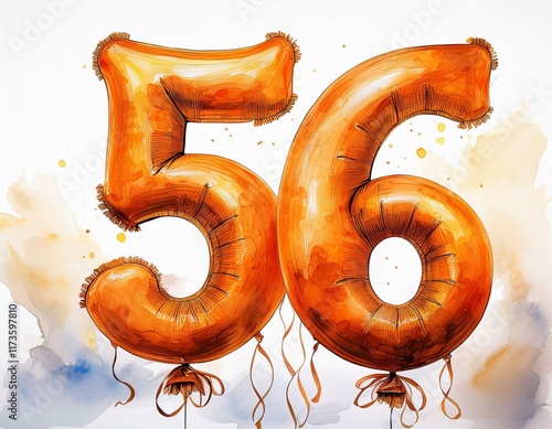 Orange birthday / anniversary balloon, number 56, watercolor painting with white background photo