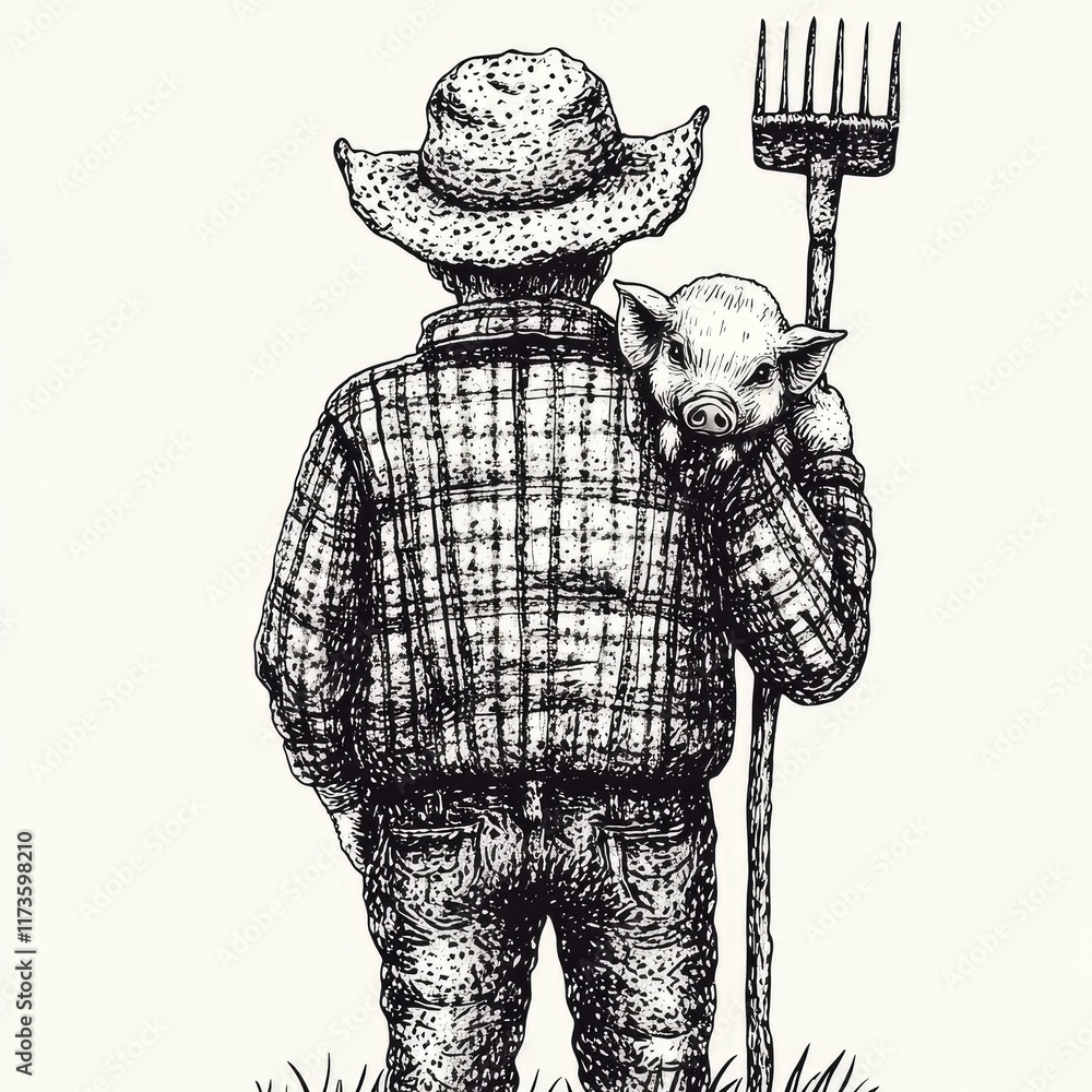 Obraz premium A farmer stands with a pig and pitchfork, embodying rural life and agriculture.