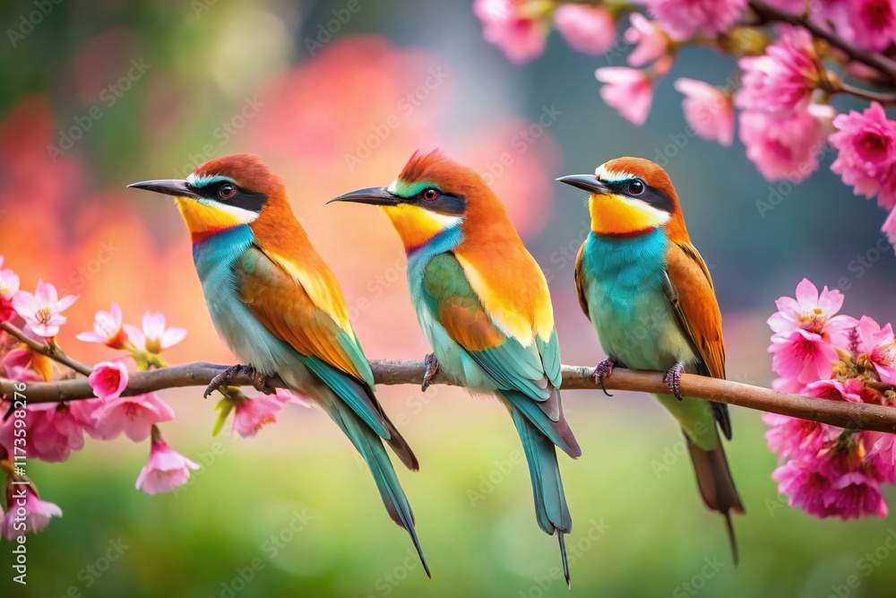 Fototapeta premium Three Birds on Branch, Pink Blossoms Spring Art Painting