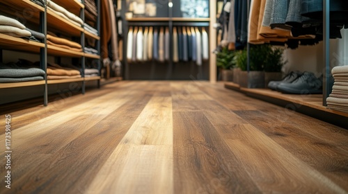 Modern clothing store with wooden flooring and shelves displaying apparel. photo