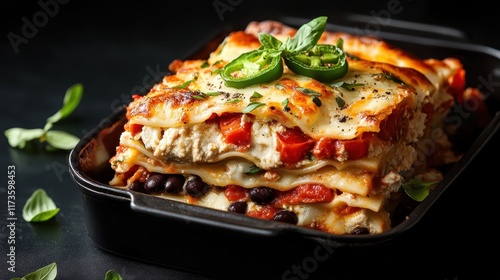 Baked vegetarian lasagna with layers of colorful veggies, adorned with melted cheese and topped by fresh green pepper slices, served hot in a baking pan.