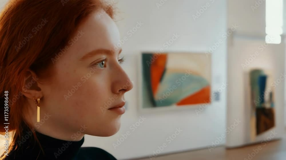 A White woman observes abstract paintings while reflecting on their deeper meanings in a modern gallery A White woman observes abstract paintings while reflecting on their deeper meanings in a modern gallery