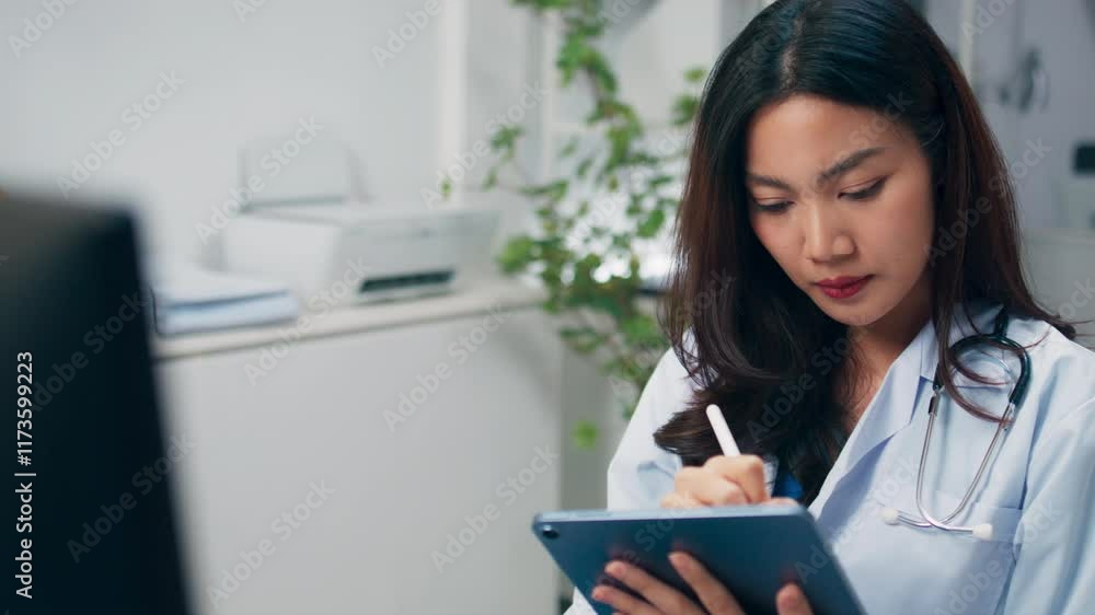 Asian female doctor reviewing medical data on a digital tablet focused on diagnosis and treatment planning in a modern clinic. Young Asian doctor concentrating on patient data and medical report. Asian female doctor reviewing medical data on a digital tablet focused on diagnosis and treatment planning in a modern clinic. Young Asian doctor concentrating on patient data and medical report.