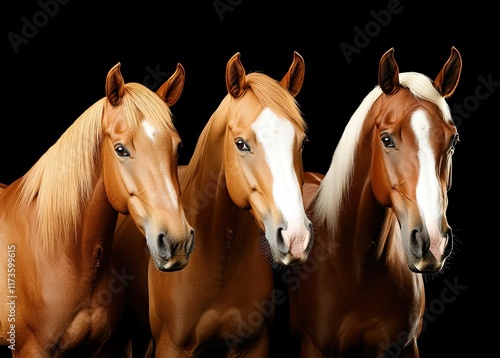 Three majestic horses with shiny coats posed against a black background showcasing their beauty and grace in a studio setting photo