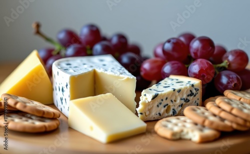 A selection of artisanal cheeses, including a creamy Camembert, a sharp cheddar, and a pungent blue cheese, displayed on a rustic wooden board. photo