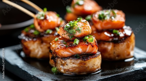 Wallpaper Mural Savor the flavors of succulent glazed salmon bites artistically stacked on a sleek slate plate, beautifully garnished with fresh greens and herbs, an epicurean delight. Torontodigital.ca