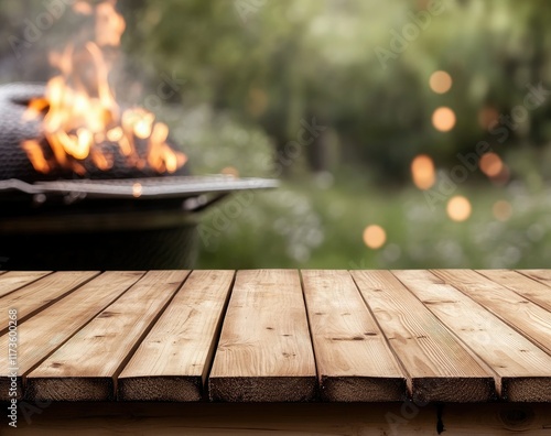An outdoor barbecue scene featuring vibrant flames and a rustic wooden table, all set against the backdrop of a lush garden on a sunny afternoon