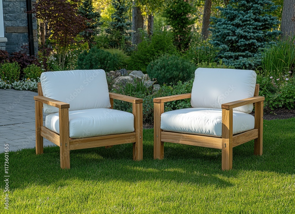 Fototapeta premium Comfortable outdoor chairs arranged in a lush garden on a sunny day, perfect for relaxation and enjoyment of nature