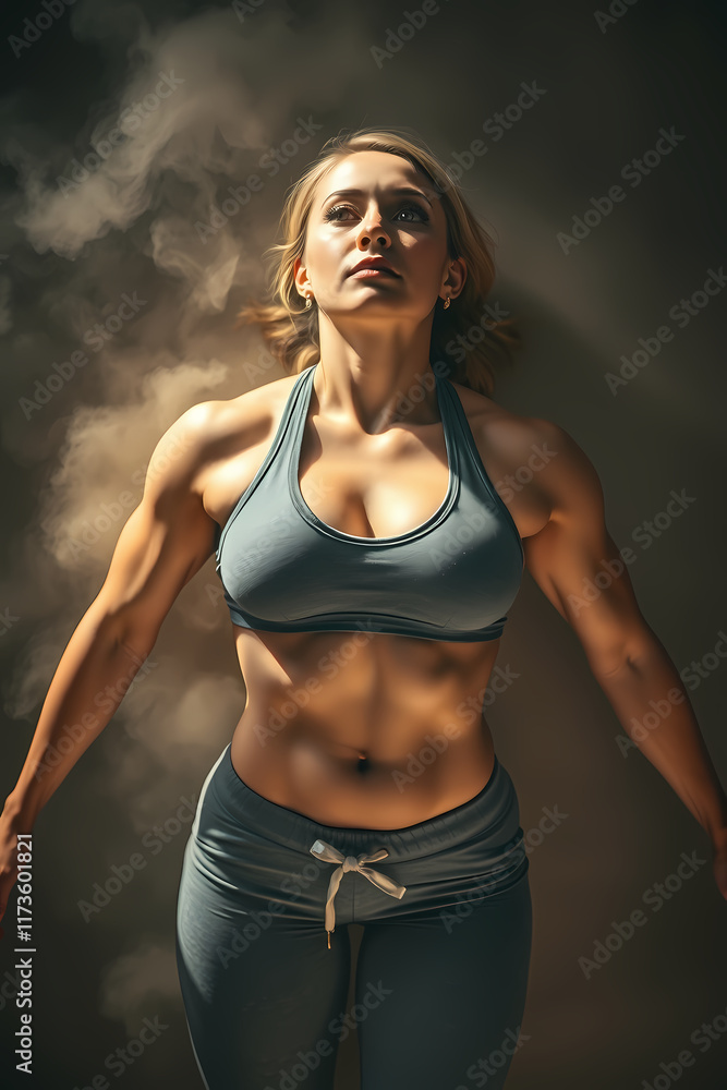 Obraz premium Strong Athletic Muscle Woman In Dramatic Lighting