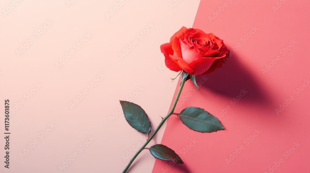 Obraz premium single red rose lies elegantly on two toned background, creating minimalist and striking visual contrast