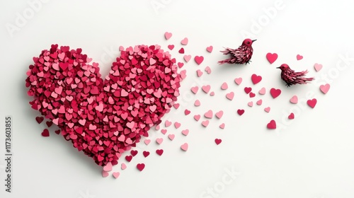 large heart made of pink and red tiny hearts with two birds flying nearby, creating romantic and whimsical atmosphere