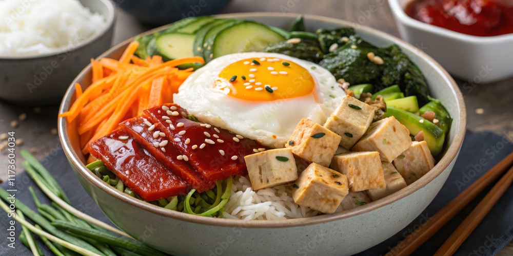 Korean Bibimbap with Tofu in Vibrant Style with Spicy Flavors Representing Street Food Korean Bibimbap with Tofu in Vibrant Style with Spicy Flavors Representing Street Food