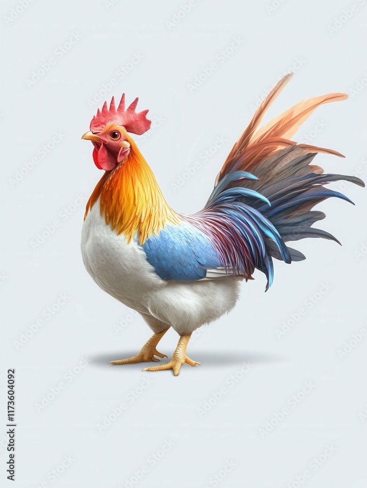 Fototapeta premium Vibrant rooster with multicolored plumage on light background.