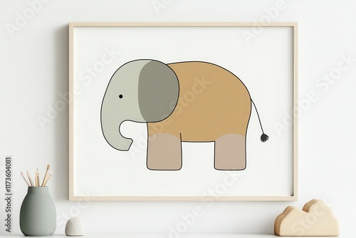 Minimalist elephant artwork in wooden frame on white wall. photo