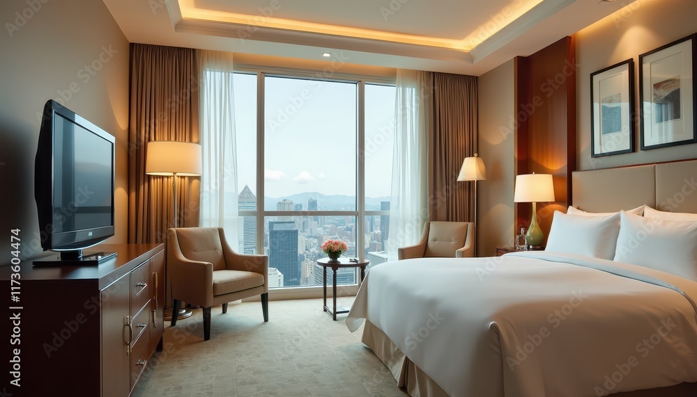Stock photo features a sophisticated hotel room with contemporary furnishings soft lighting and a scenic city view offering a luxurious and calming space. Stock photo features a sophisticated hotel room with contemporary furnishings soft lighting and a scenic city view offering a luxurious and calming space.