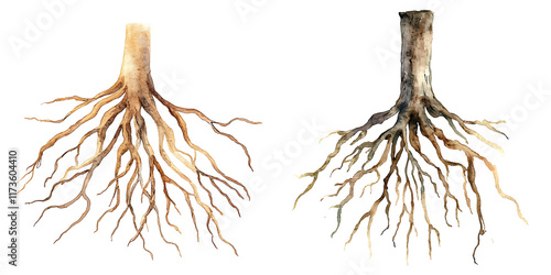 Exploring tree root systems nature watercolor art botanical illustration close-up view natural environment