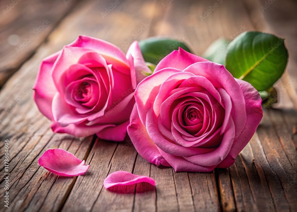 Two Pink Roses on Rustic Wooden Table - Elegant Food Photography Still Life Two Pink Roses on Rustic Wooden Table - Elegant Food Photography Still Life