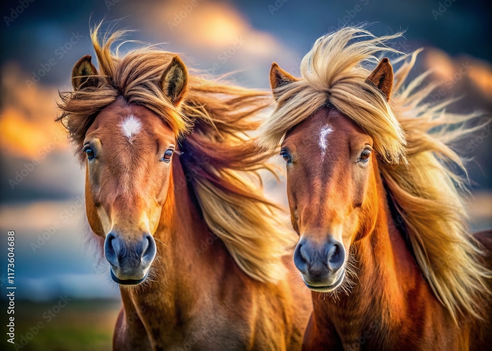 Two Ponies in a Windy Field, Bokeh Portrait Two Ponies in a Windy Field, Bokeh Portrait