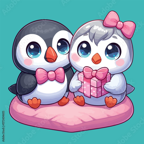 Cute Couple Puffin Vector Love Together for Valentine's Day