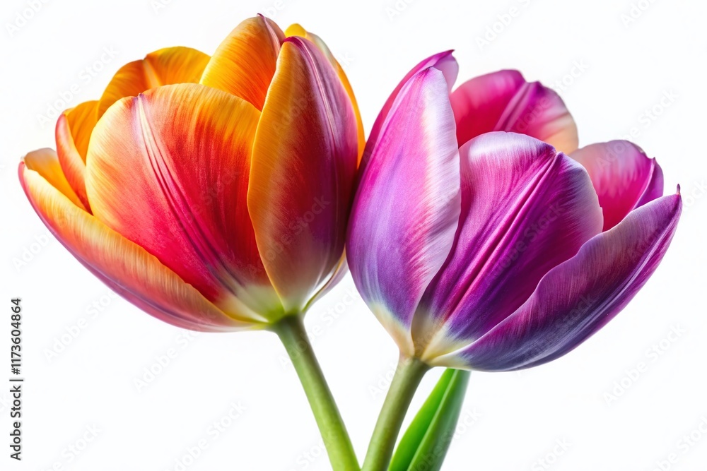 Fototapeta premium Two Vibrant Tulips Isolated on White Background - Spring Flowers Photography