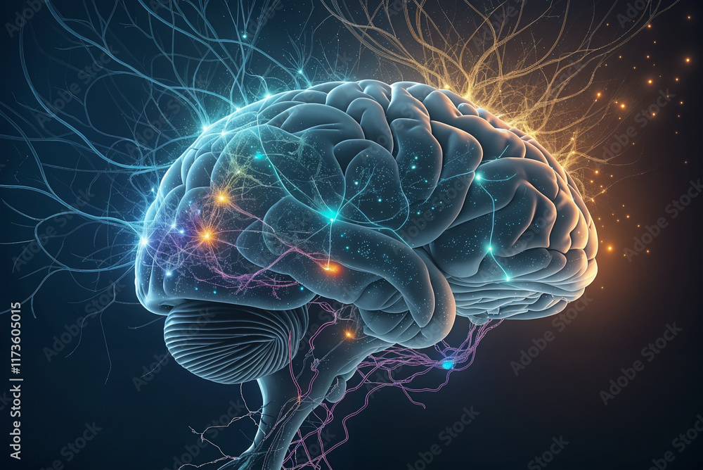 abstract visualization of human brain showcasing neural connections and vibrant energy. abstract visualization of human brain showcasing neural connections and vibrant energy.
