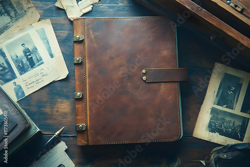 Vintage brown leather journal lies on a wooden surface surrounded by old photographs and a wooden box, creating a nostalgic atmosphere. photo