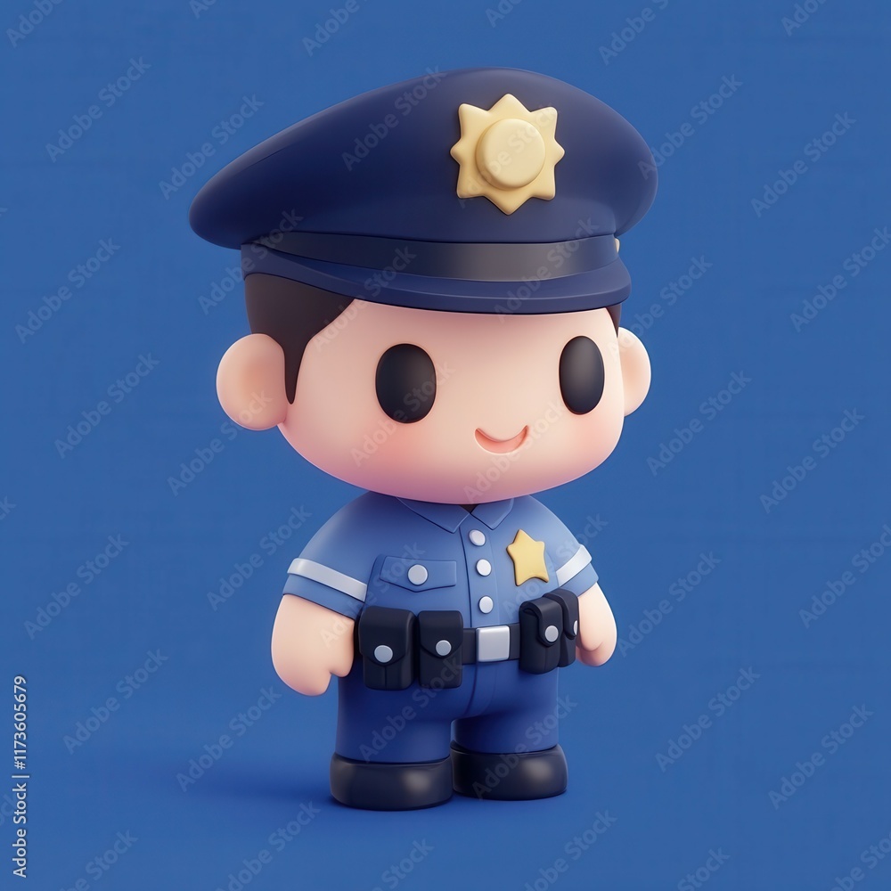 Cute cartoon police officer in blue uniform with badge on solid blue background. Cute cartoon police officer in blue uniform with badge on solid blue background.